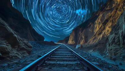Foto op Plexiglas Train tracks daringly spiral upwards - leading into an endless starry abyss - journeying into the depths of imagination's mysteries - wide format © Davivd