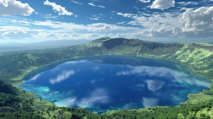 Circular Blue Lake in Lush Mountainous Landscape.