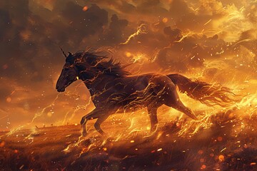 A windswept plain where horses with manes of fire race the wind leaving trails of embers