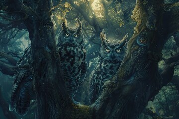 An enchanted forest where trees are guarded by wise talking owls with luminous eyes