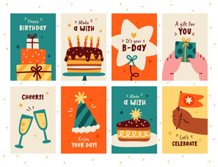 Birthday greeting cards with cakes and balloons, handwritten holiday text vector illustration