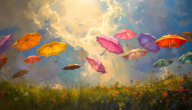 A sun-drenched meadow becomes even more magical with umbrellas drifting aloft - painting a picture of whimsy and daydreams - wide format