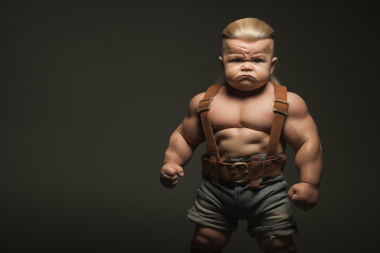 A small baby boy with impressive muscles and an angry face, wearing suspenders and jean shorts with a dark neutral background