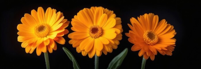 Background of orange calendula flowers. Fresh flowers. Medicinal flowers, plants. Calendula background. View from above. Marigold flowers on black stone background. banner