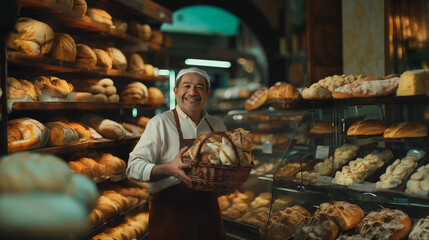 A bakery worker in uniform holds a basket of bread in the bakery. In the background is a shelf filled with fresh confectionery for sale. - obrazy, fototapety, plakaty