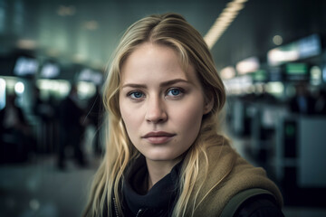 Obraz premium A blonde woman with blue eyes is standing in a busy airport terminal. She is wearing a black jacket and a brown scarf