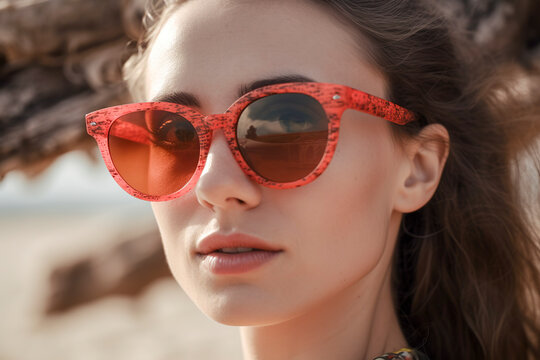 woman wearing a pair of red sunglasses. She is smiling and looking at the camera. The sunglasses are large and have a unique design
