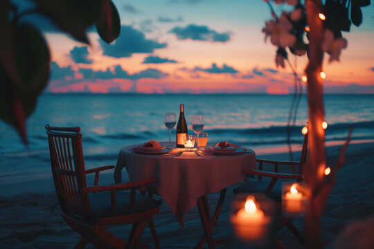 Romantic Beach Dinner Setup with Candlelight and Sunset View