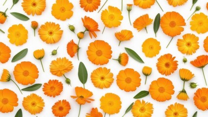 Background of orange calendula flowers. Fresh flowers. Medicinal flowers, plants. Calendula background. View from above, - obrazy, fototapety, plakaty