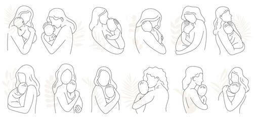 Loving mother holding adorable newborn baby line art isolated set happy family vector illustration