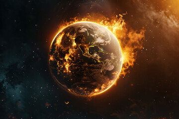 Fototapeta premium Global Warming Concept - Earth Engulfed in Flames. Visual metaphor for the global warming crisis, depicting Earth surrounded by fiery flames against a dark space backdrop.
