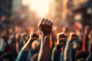 Raised fist in crowd of rioting angry people - obrazy, fototapety, plakaty