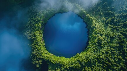 Aerial View of a Pristine Circular Lake Surrounded by Lush Forest.