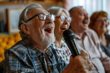 Senior friend group singing karaoke. Fun retirement birthday activity - obrazy, fototapety, plakaty