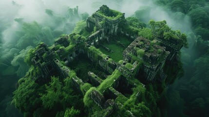 Ancient Ruins Shrouded in Mist in Lush Green Jungle.