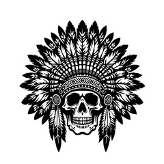 Cartoon Black and White Isolated Illustration Vector Of A Skull Wearing an Indian Feathered Headdress