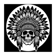 Cartoon Black and White Isolated Illustration Vector Of A Skull Wearing an Indian Feathered Headdress