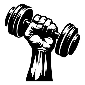 Cartoon Black and White Isolated Illustration Vector Of A Raised Fist Holding a Dumbbell Weight