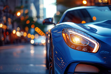 luxury blue sports car in the city on road. Front headlight close-up