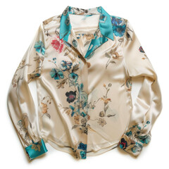 Elegant Satin Blouse with Floral Print and Contrasting Turquoise Collar on White Background