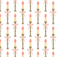 Seamless pattern with vintage candles. Elegant candle with bow in flat style. Seamless pattern for textile, wrapping paper, background.