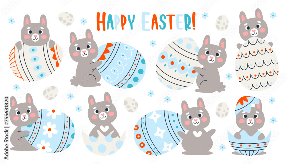 Wall mural happy easter bunny cute characters and painted eggs with decorative prints spring holiday set