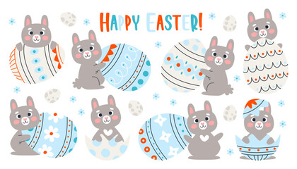 Happy Easter bunny cute characters and painted eggs with decorative prints spring holiday set