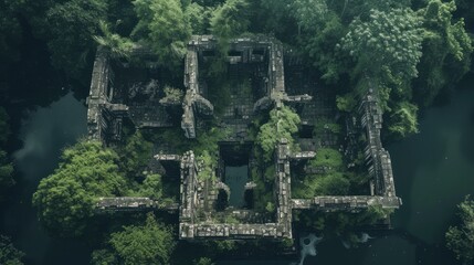Aerial View of Ancient Ruins in Lush Forest.