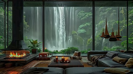 Luxurious Living Room Overlooking Waterfall in Tropical Forest