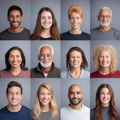 Many Headshots of a smiling men and women on a gray background looking at the camera