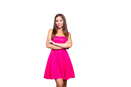 Celebration people concept. Studio photo portrait of pretty lovely sweet cute nice glad slim fit tanned delightful with toothy smile woman looking at camera isolated bright vivid pastel background