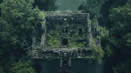 Overhead view of secluded ruins in dense jungle.