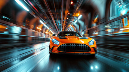 luxury orange sports car drives fast on road at night in the city. Motion blur