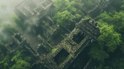 Misty Ancient Ruins in Lush Forest.