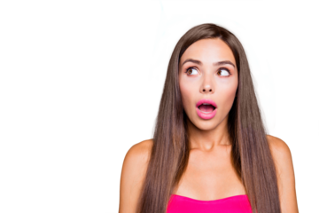 Advertising concept. Close up studio photo portrait of pretty crazy cute good-looking charming voiceless sweet with naked shoulders lady looking up on copy space isolated vivid pastel background