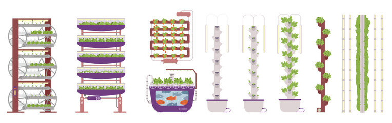 Equipment for vertical farming flat vector illustrations set. Aeroponic towers, aquaponic tank with fish and hydroponic pipes with crops and strawberry.