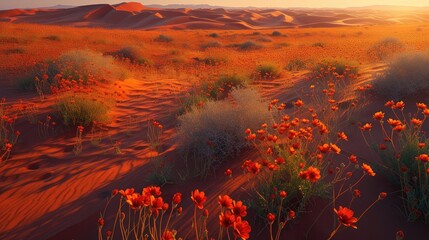 Sunset over blooming desert with red flowers.