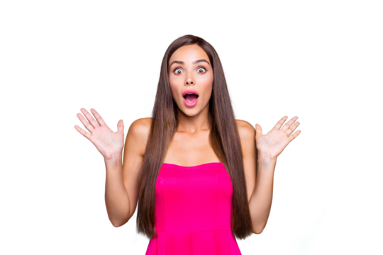 It's so interesting! Fun joy people concept. Close up studio photo portrait of pretty crazy mad cute lovely lady waving gesturing hands staring looking at you camera isolated bright vivid background