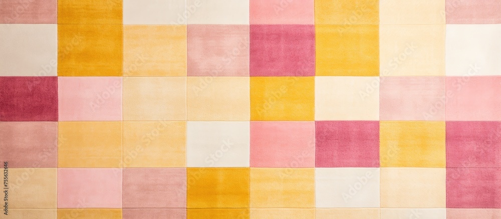 Aufkleber a modern rectangular rug with a pink and yellow color scheme, featuring squares on a white backgroun