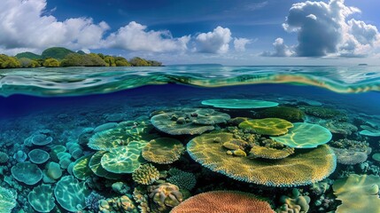 Underwater and Surface View of Tropical Coral Reef.