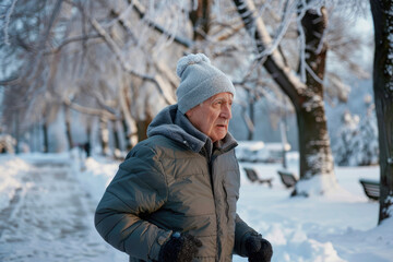 Fototapeta na wymiar senior man looking away while running at park during winter