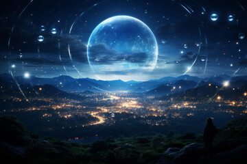Sci-fi scene of a large sphere lighting up the city night sky
