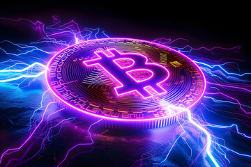Bitcoin cryptocurrency on lightning background. Cryptocurrency concept. Vector illustration,Illuminated Bitcoin Amidst Electric Storm