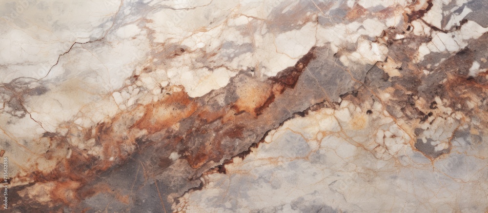 Poster a detailed view of an old marble surface with a blend of brown and white colors, showcasing intricat