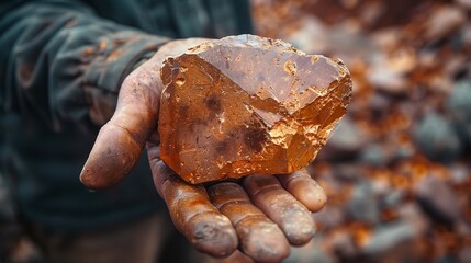 Man's hand inspecting a chunk of copper for industrial usage against a hazy background with a space for text, Generative AI. - obrazy, fototapety, plakaty