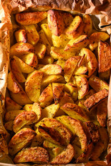 Crispy potato wedges baked with seasonings.