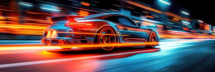 Foto op Plexiglas luxury sports car drives fast on road at night in city © alexkoral