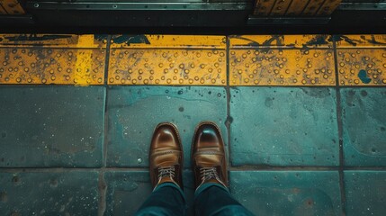 Person's feet behind yellow line of a subway platform. - obrazy, fototapety, plakaty