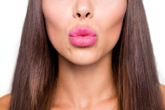 Come closer I'll kiss you! Close up photo portrait of cute sensitive attractive pretty gorgeous big natural woman's lips isolated on bright vivid pastel background