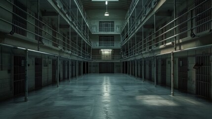 Obraz premium A long hallway with a lot of cells and bars, AI
